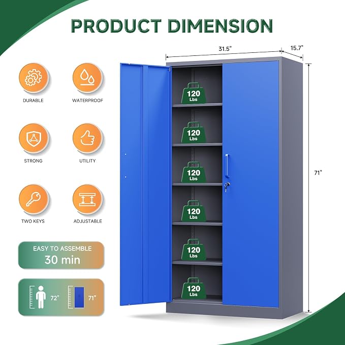 Metal Garage Storage Cabinets with Lock Door and Adjustable Shelves, Steel Tool Cabinets for Home,Office,Warehouse Organisieren (Blue Gray)