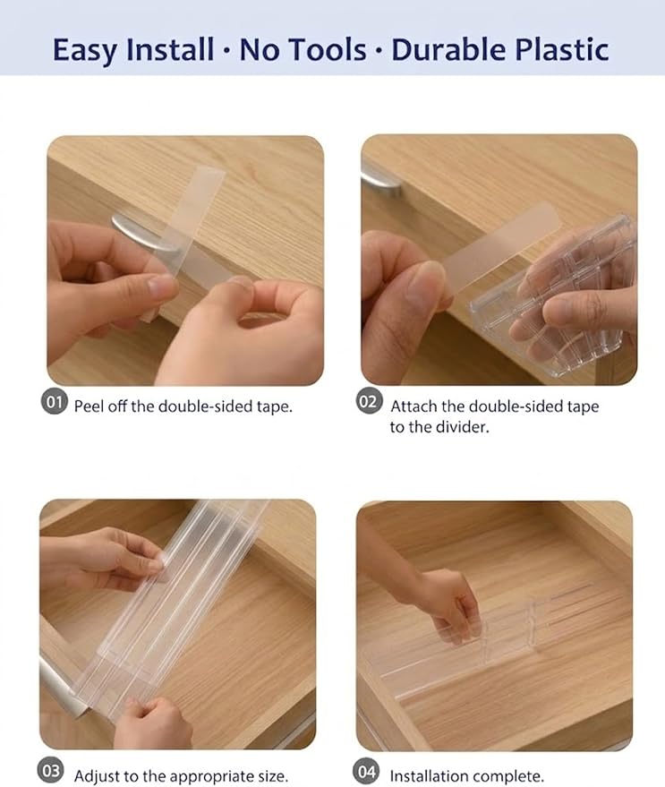 Adjustable Drawer Dividers 5 Pack, 3.15" High, Clear Plastic | 11"-20" expanding shallow drawer organizer with non-slip pads for socks, makeup, kitchen, bathroom and desk.