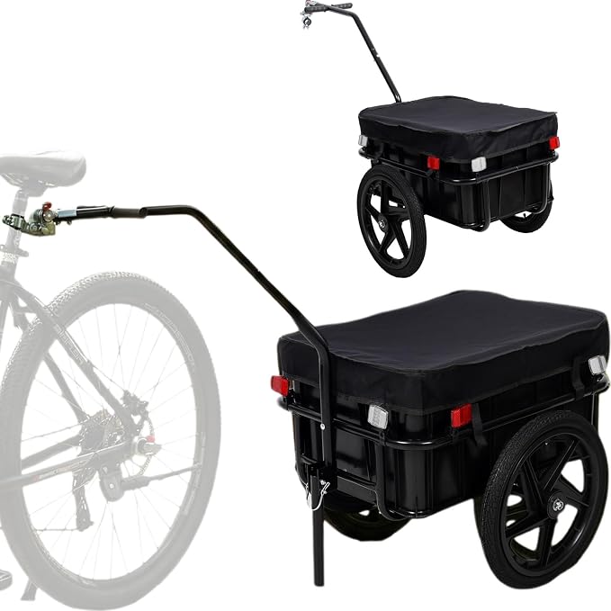 Bike Cargo Trailer, 2-in-1 Utility Trailer Wagon with High-Capacity Plastic Removable Storage Box, Heavy-Duty Steel Frame, Bicycle Cargo Cart with 600D Waterproof Cover for Camping