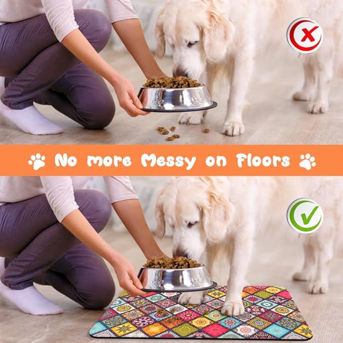 Dog Food Mats for Floors Waterproof, Pet Water Bowl Mats Pet Feeding Absorbent Placemats Bohemia 16 * 24 inch