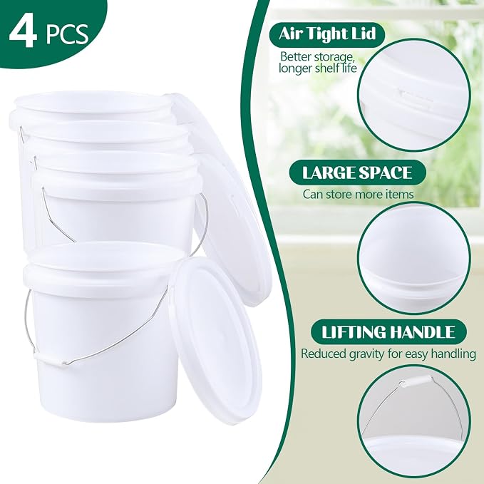 4 Gallon Food Grade Bucket with Lid, 4 Pack Bucket Pails | Round White All-Purpose Pails for Storage, Prep, Fermenting, Cleaning, Durable Reusable Containers with Handle