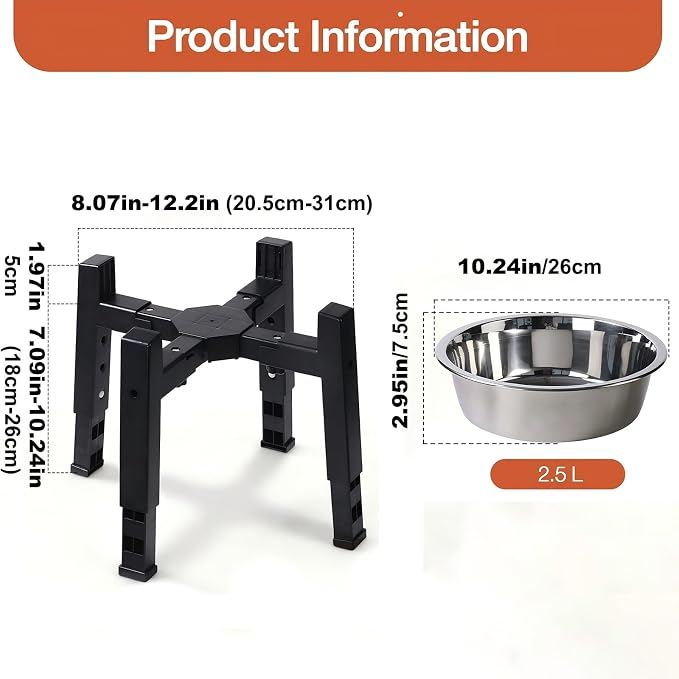 Marchul Elevated Dog Bowl with Stand, 2.5L Stainless Steel Food Bowl, Adjustable Height & Width Raised Feeder with Anti-Slip Stable Base for Medium and Large Dogs, Easy Clean Pet Feeding Station