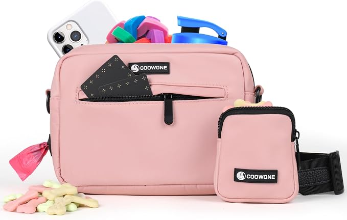 Dog Treat Pouch with Removable Small Pet Training Treat Pouches, Built-in Poop Bag Dispenser, Adjustable Shoulder Strap Cross Body Dog Walking Bag (Pink)