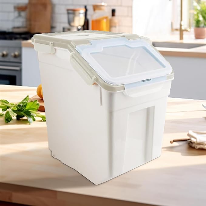 50LB Large Flour Storage Container Bin,2 Pack Airtight Plastic with Wheels Seal Locking Lid Dispenser Organizer Bin with Measuring Cup & Scoop for Flour, Rice, Grain 100LBS Total Capacity(Grey)