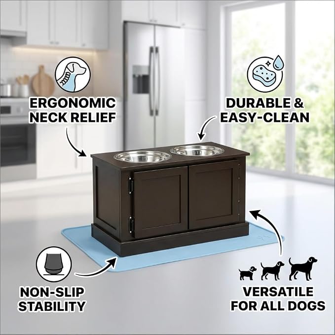 Dog Feeding Station with Storage, 2 Stainless Steel Bowls, Coffee, Elevated Dog Bowl Holder, Dog Feeder Stand, Wooden Dog Food Organizer for Indoor, Dog Food Storage Cabinet