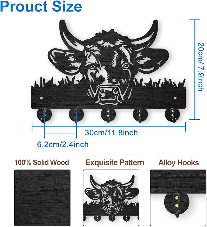 MAYJOYDIY Cow Coat Rack Wall Mount 11.8×7.9inch Wood Farm Animal Wall Art Decor Bull's Head Key Holder for Wall 5 Alloy Hooks Black Key Hanger Hat Towel Wall Hook for Entryway Living Room Bedroom Gift