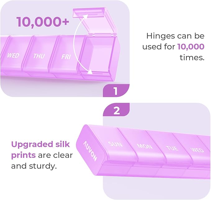 AUVON Weekly Pill Organizer with Effortless Opening Design, BPA-Free | Arthritis Friendly Pill Box, Cute Pill Organizer 7 Day, Portable Pill Case for Vitamins, Supplements and Medications, Purple