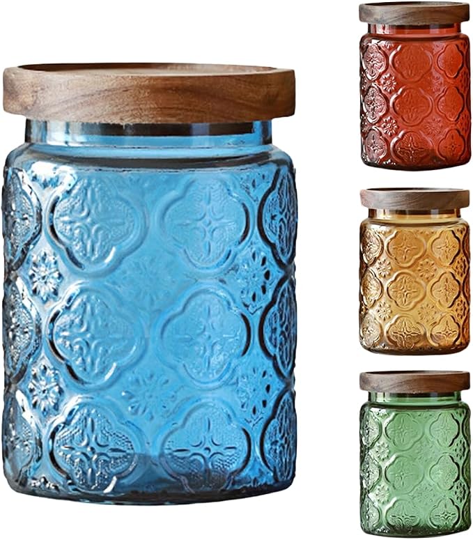 4 Pack Vintage Glass Storage Jars, 23.7 oz Begonia Flower Kitchen Canisters | Coffee Bean Container, Tea Organizer, Sugar Holder, Candy Cookie Keeper, Pantry Countertop Decor, Laundry Detergent Organizer