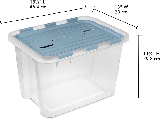 Sterilite Hinged Lid Storage Box, Plastic Container, 30 Quart, 12-Pack | Washed Blue - Home Organizer Tote for Storing Shoes, Crafts, Clothing, or Decor