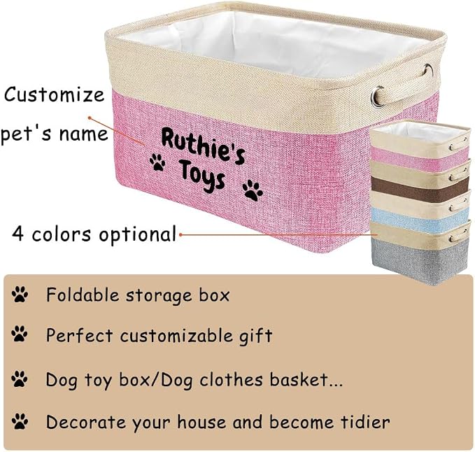 Custom Dog Basket for Toys Collapsible Storage Bin Grey Brow Pink Purple Blue Rectangular Pet Storage Organizer Box with Handles Medium Personalized Pet's Name