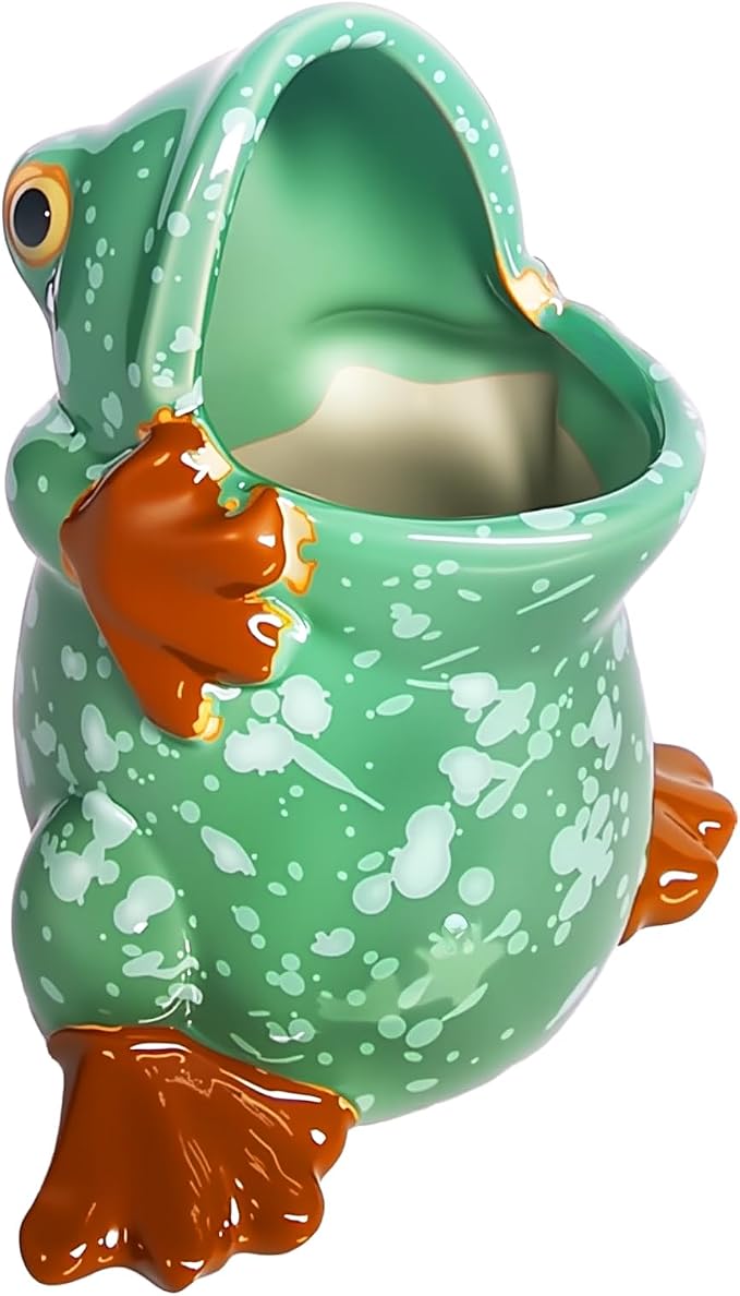 Ceramic Frog Shaped Pen Pencil Holder for Desk Decoration Accessories Frog Decor Makeup Brush Pen Cups Succulent Plant Pot Office School Ideal Gifts for Women, Mom or Birthdays