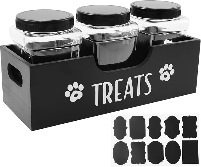 Dog Treat Container, Wood Dog Treat Holder with 3 Plastic Jar and Lid, Multifunctional Pet Food Organizer for Home Living Room Kitchen