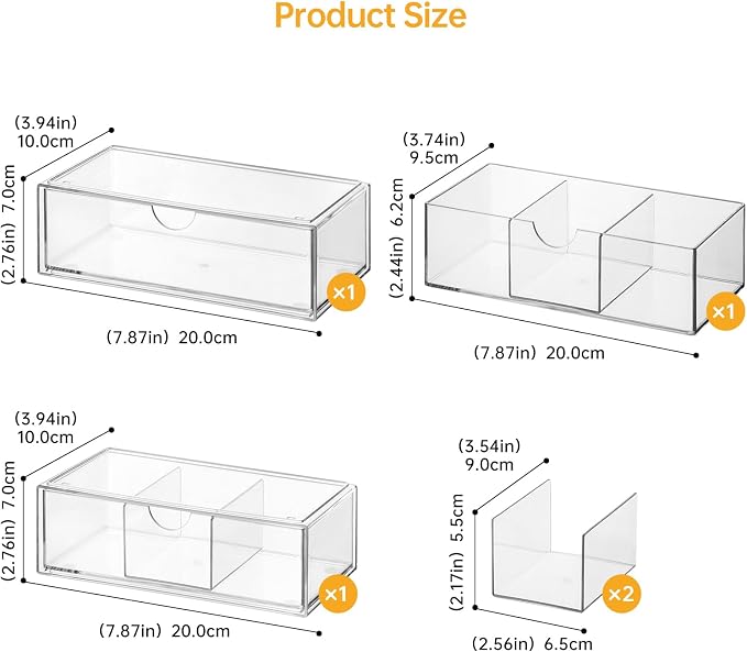 PAVSTINE Medicine Cabinet Organizer 3 Pack, Plastic Stackable Storage with 2 Drawers, Bathroom Mirror Cabinet Organizer with Removable Dividers for Wall Cabinet, Vanity, Countertop, Clear