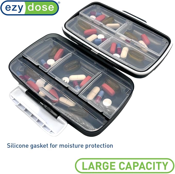 Ezy Dose Moisture-Proof Travel Pill Case, 8 Compartments, Black, Large | Moisture-Proof Pill Case, Medicine Planner, Vitamin Organizer Box, Travel-Friendly, Latch-Closure to Secure Contents