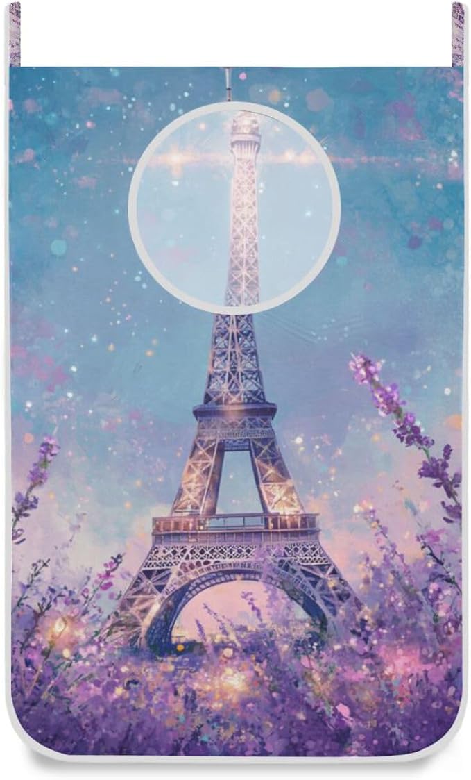 2PCS Hanging Laundry Hamper Bag Over the Door Laundry Hamper Wall Hamper Large Dirty Clothes Hamper with Stainless Steel Hooks 29.5x20Inch Lavender Eiffel Tower Purple
