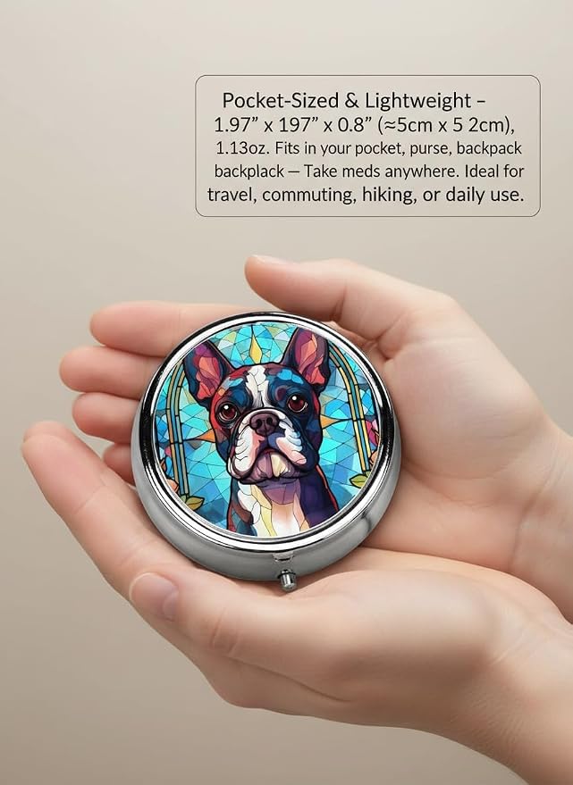 Boston Terrier Dog Small Box for Pill,3 Compartment Pill Case Travel Medicine,Portable Pocket or Purse Pill Organizer Container Holder Hold Vitamins, Medication, Fish Oil Supplements