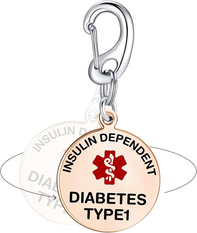 Divoti Type 1 Diabetes (T1D) Medical Alert Bag Tag with Quick Clip | 1.25" Insulin Dependent Emergency ID | PVD Rose Gold Stainless Steel, Dual-Sided Pre-Engraved for Backpacks, Purses & Medical Bags
