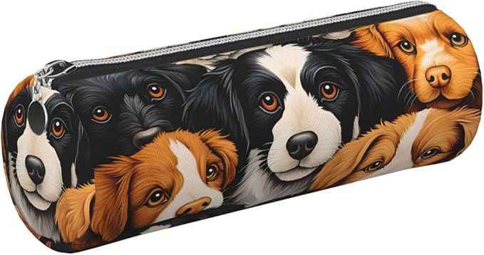 OSAM SPACE Leather Pencil Case Round Pencil Bag Cute Dogs Pen Organizer Holder Portable Zipper Pouch Cute School Supplies for Girls Boys Study Office