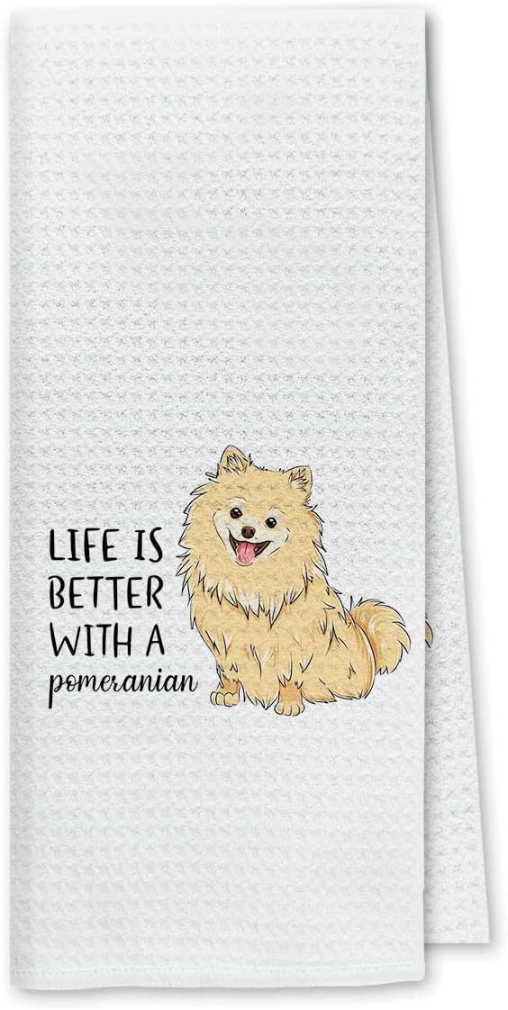 Dibor Life is Better with A Pomeranian Kitchen Towels Dish Towels Dishcloth,Cute Pomeranian Puppy Dog Absorbent Drying Cloth Hand Towels Tea Towels for Bathroom Kitchen,Dog Lovers Girls Women Gifts
