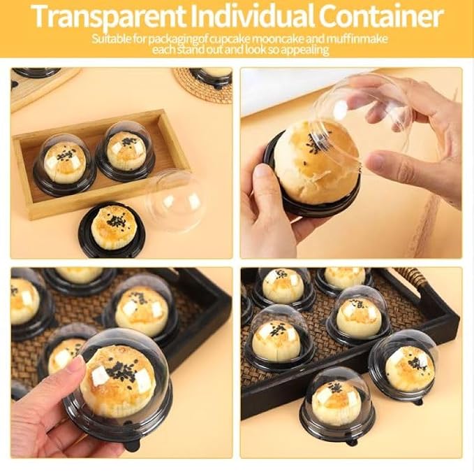 Hewnda 50 Pack 2 Inch Clear Plastic Mini Cake Box, Black | Muffins Box, Cookies Box, Dome Box, Wedding Birthday Gift Box