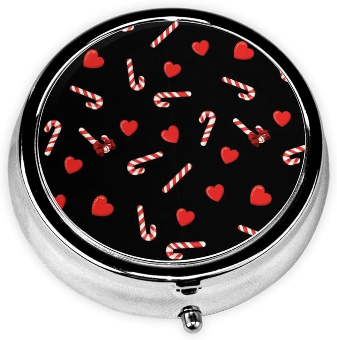 Portable Pill Box, Cute Round Container, Mini Organizer for Daily Meds, Purse Pocket Case for Commute Scenarios, Red Love Heart Christmas Sexy Candy Cane Black