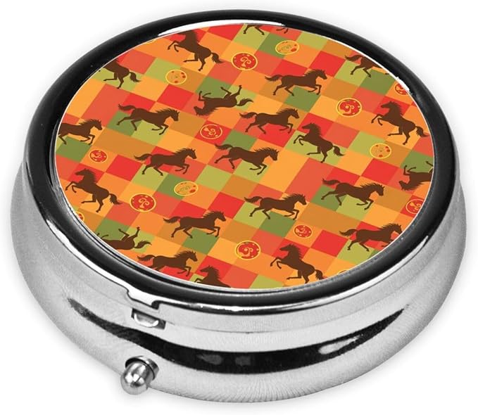 Round Pill Holder, Waterproof Organizer Case, Compact Travel Pill Box for Vitamins, Pocket Purse Use for Seniors, Horse Red Plaid