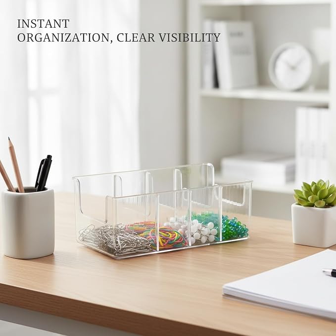 9.6 x 4.8 x 3.8 Inch Clear Storage Box with Dividers, PET Plastic Organizer for Desk Supplies and Small Parts