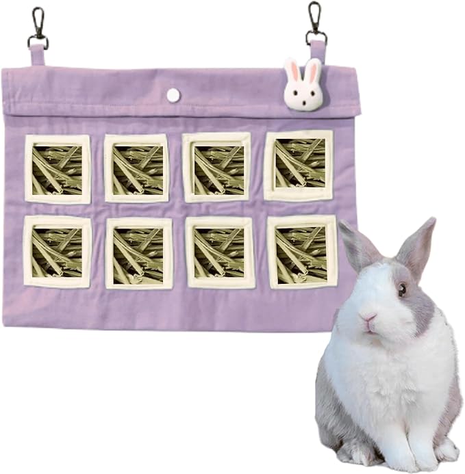 Rabbit Hay Feeder Bag with Cute Pendant, Storage Guinea Pig Feeder Rack Bag, Large Capacity Cotton Canvas Hanging Bag for Bunnies Chinchillas Guinea Pigs (Purple,XL)