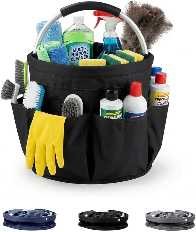 Foldable Cleaning Organizer Caddy With Handle 17L Large Cleaning Supplies Organizer 600D Oxford Portable Organizer Bucket With 6 Pockets for Home Bathroom Garden Garage Bedroom