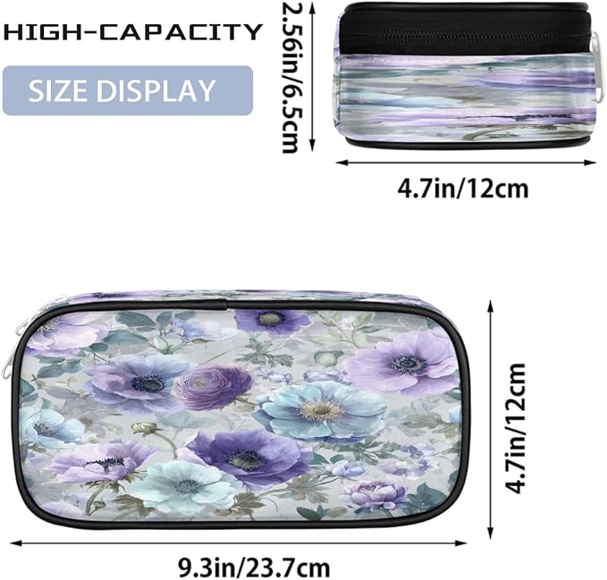 Watercolor Purple Blue Flowers Pencil Case Pouch, Big Capacity Waterproof Pen Bag for Students Teens Adults, Large Storage Organizer for Stationery