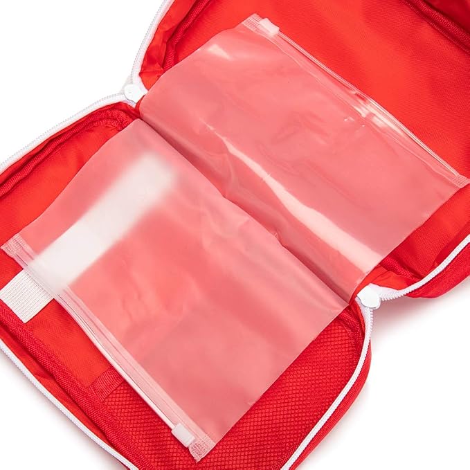 Red First Aid Bag Empty Travel Rescue Pouch First Responder Storage Medicine Emergency Bag for Car Home Office Kitchen Sport Outdoors (Red with Handle Green Print)