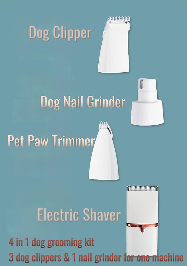 Dog Clippers Grooming Kit 4 in 1 Pet Hair Clipper-Low Noise Dog Paw Trimmer- Rechargeable - Cordless Quiet Pet Dog Cat Nail Grinder Trimming Hair Around The Eyes and Ears for Dogs and Cats (White)