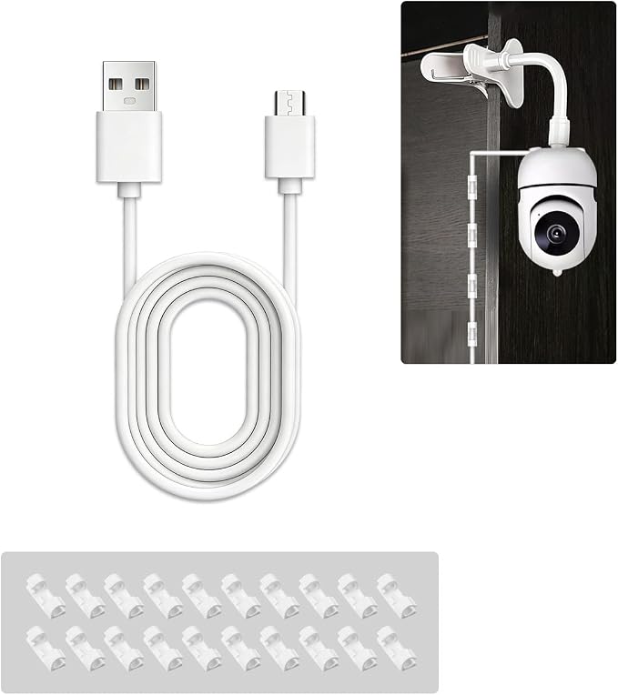 USB Extension Cable for Indoor Camera/Baby Monitor, USB-A to Type-C, 16.4ft | For all kinds of Cameras for Home Security, 20 Self-Adhesive Cable Clips