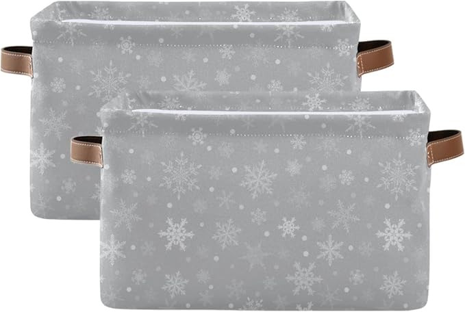 Winter Snowflake Gray Storage Basket with Waterproof Liner and PU Handles Christmas Snow Xmas Storage Bins Boxes 14.2" Collapsible Decorative Organizer Baskets for Bedroom Closet Office 2 Pack