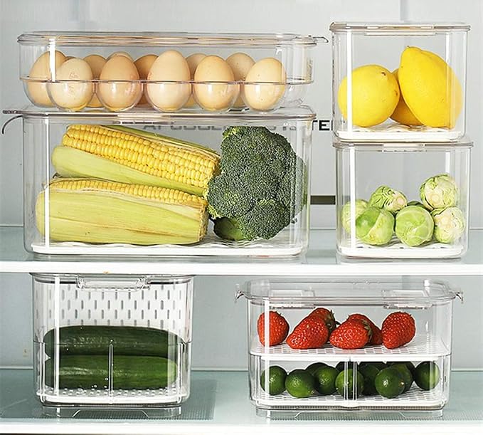 SANNO Fridge Food Storage Containers Produce Saver FreshWorks Produce Food Storage Container Bin Stackable Refrigerator Kitchen Organizer Keeper, with Removable Drain Tray to Keep Fresh