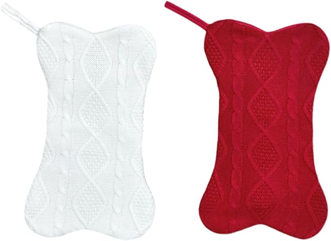 Christmas Dog Stocking, Knitted Bone-Shaped Christmas Stocking for Pets, 16.54x9.45 Inch Holiday Sock for Tree Decoration and Gift Storage (White)
