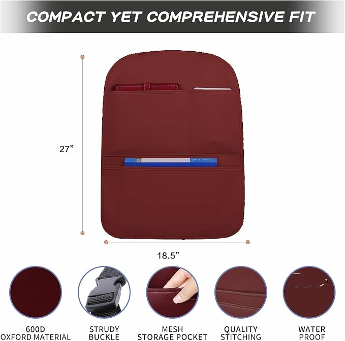 SUTSU Kick Mat Back Seat Protector， Waterproof Leather Car Seat Back Organizers Cover with 3 Storage Pockets for Kids Pets SUV Sedan Minivan Truck Car Travel Accessories (Wine Red 2-pack)