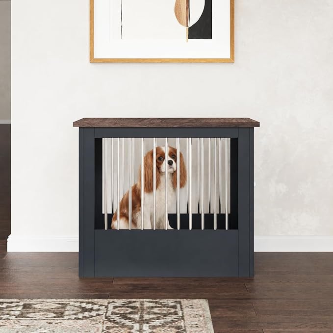 30" Wooden Dog Crate Furniture,Medium Kennel Pet Cage End Table for Indoor | for Small Medium Dogs, Grey and Wood, Fits Living Room Bedroom, Heavy Duty Steel Frame with Lock 45 lbs Cap, 100 lbs Top.