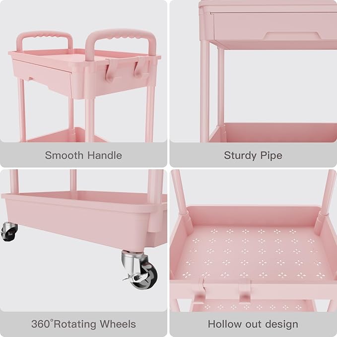 REBECAT 3 Tier Rolling Utility Cart with Drawer,Storage Cart,Rolling Cart for Kitchen,Bathroom,Living Room,Storage Organizer with Iron Wheels（Pink