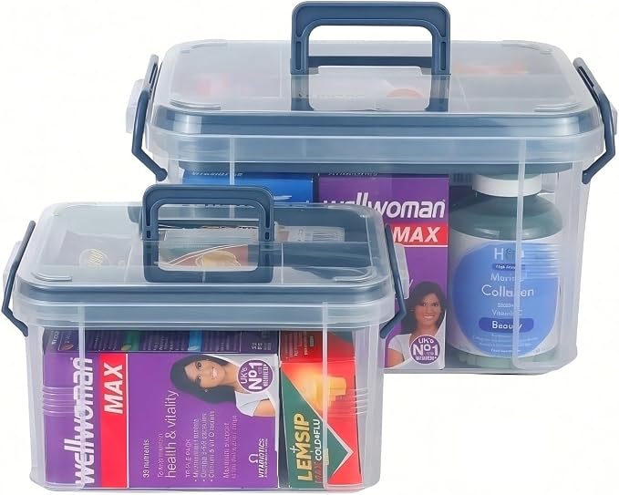 HEY FOLY 15qt Medicine Organizer Storage Box with Tray, Set of 2 Plastic First Aid Box Empty, Thickened Medicine Container Chest, Multipurpose Medical Case with Labels, Blue Medicine Caddy
