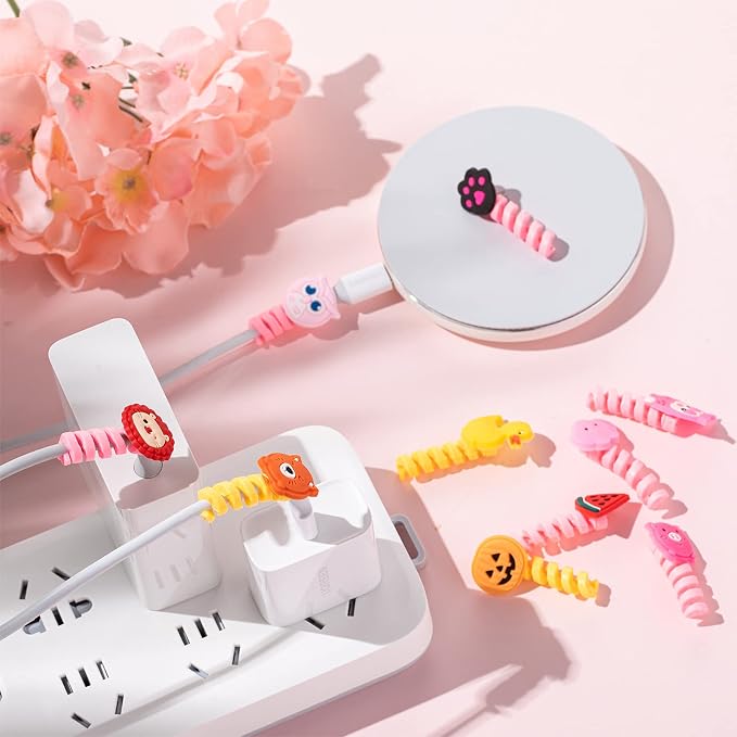 Flutesan 32pcs Cartoon Charger Cable Protector Animal, Cute Style, 2 x 3 cm | Silicone Animal Wire Saver for Phone Charger Cord, Flexible Spiral Prevents Breakage, Colorful Cartoon Buddies USB Data Lines