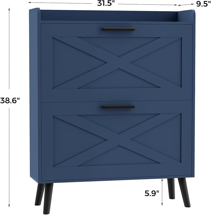 Homleke Farmhouse Shoe Storage Cabinet with Flip Drawers & Barn Door Design | Slim Narrow Shoe Rack Cabinet with Adjustable Shelves & Hidden Storage for Entryway, Foyer, Hallway, Living Room, Blue