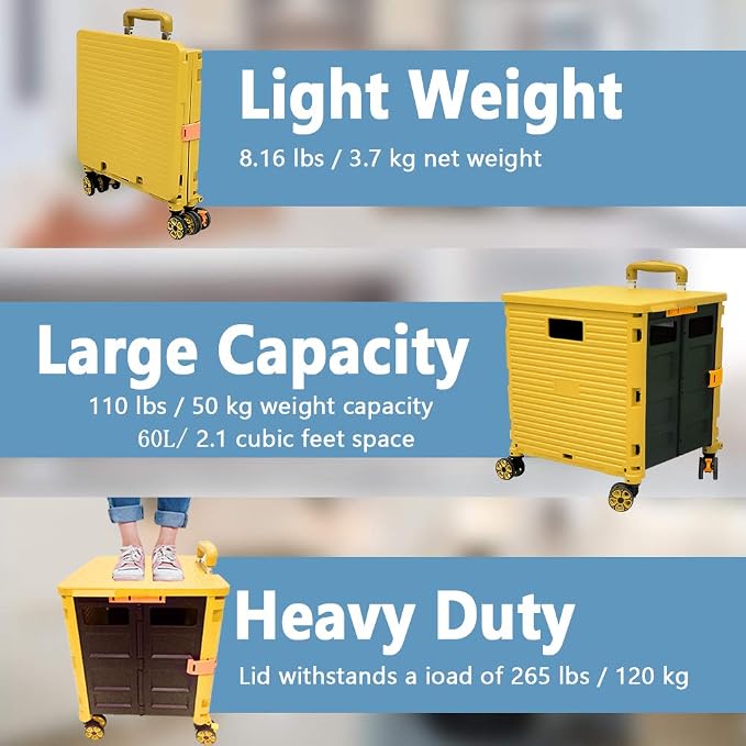 FELICON SELORSS Foldable Utility Cart Folding Portable Rolling Crate-Yellow | Durable,Heavy Duty,Plastic Box,Telescoping Handle,4 Rotate Wheels,Collapsible Handcart for Travel Shop Move Luggage Office