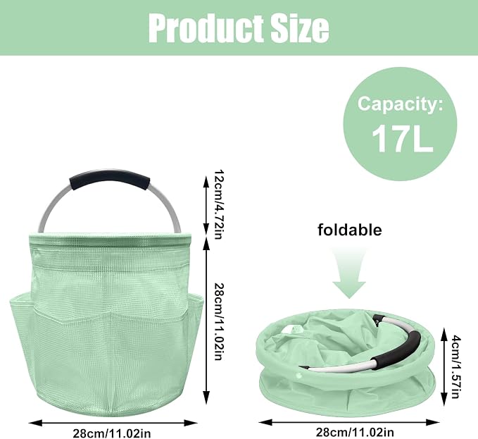 17L Cleaning Caddy with Handle, Foldable Cleaning Supply Caddy with 6 Pockets Cleaning Caddy Bag for Outdoor Camping Garden Harvest Basket Bathroom Storage (Clear Green)