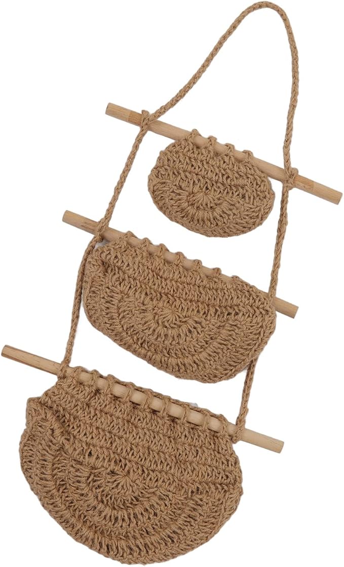 3 Tier Hanging Fruit Basket, Wall Mounted Hemp Rope and Wood Organizer, Handcrafted Over The Door Storage for Toys Pet Plush Dolls Kitchen Bathroom Living Room