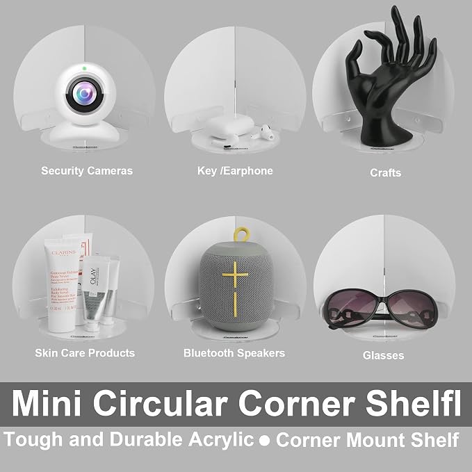 2 Pack Acrylic Mini Circular Corner Shelf Mount for Security Cameras, Baby Monitors, Plants & More, Universal Cam Holder, Easy to Install, Screwless with Damage-free Replacement Strips (Clear)