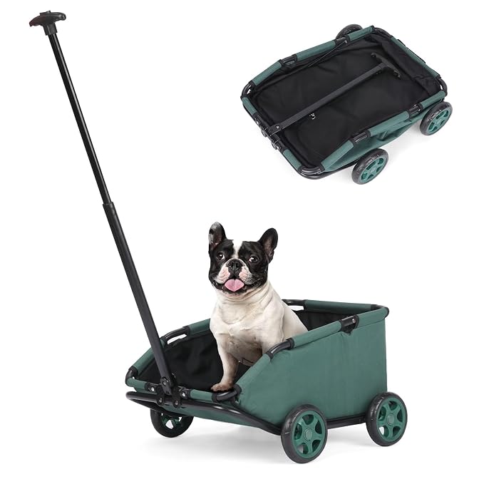 Mini Dog Strollers for Mini Pets, Foldable Multifunctional Shopping Carts with Extendable Pull Handle, Doggie Wagon Built-in Cushion and Safety Rope with Storage Bag (Dark Green)