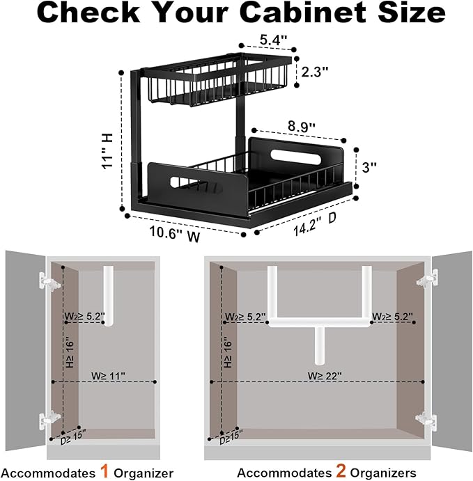Under Sink Organizer, L-Shaped Pull Out Cabinet Organizer, Kitchen | 2 Tier Metal Slide Out Shelf for Kitchen, Bathroom, Laundry, and Utility Cabinet Storage for Deep Cabinets, Black, 1 Pack