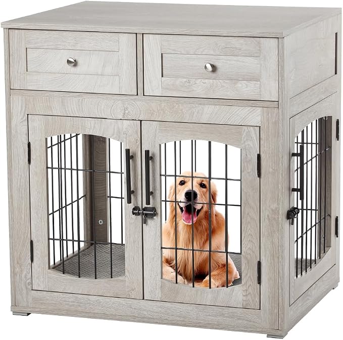 Dog Crate Furniture with Drawers,39.4" Wooden Dog Kennel for Medium/Large Dog,3 Doors Pet House with Cushion
