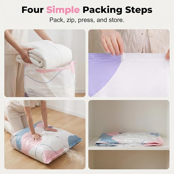 No-Pump Vacuum Storage, 2026 New Large Compression Bags for Blankets, Bedding, Comforters, Jumbo Clothes, Heavy-Duty Press & Seal, No Pump Needed (White, 4PCS, MIX)